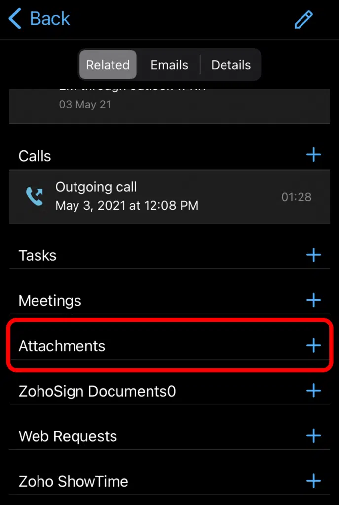 Zoho CRM iOS mobile app: attach WorkDrive files to CRM records.