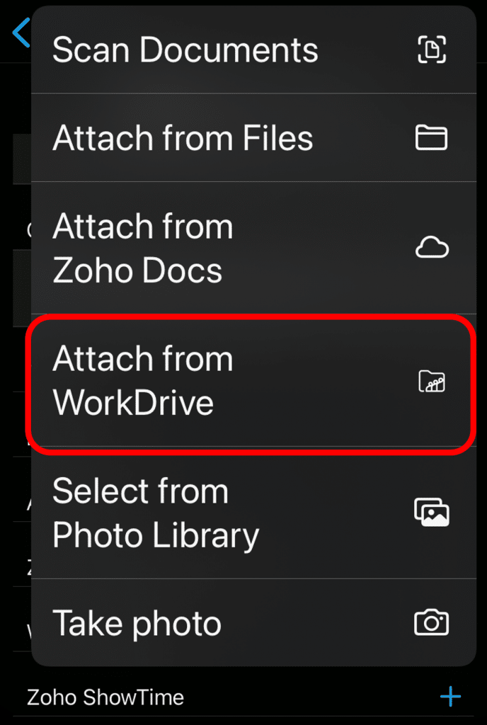 Zoho CRM iOS mobile app: attach WorkDrive files to CRM records.