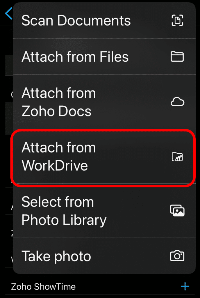 Zoho CRM iOS mobile app: attach WorkDrive files to CRM records.